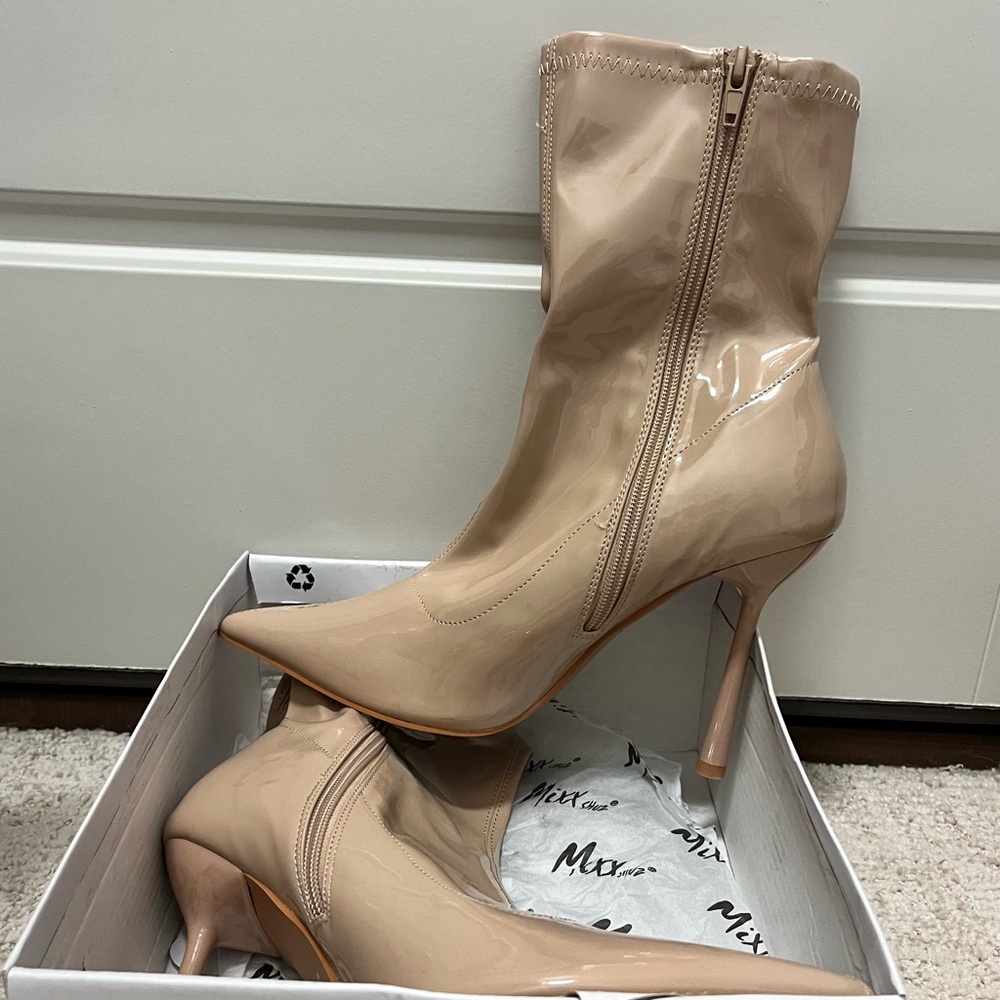 Beige Patent Leather Ankle Boots